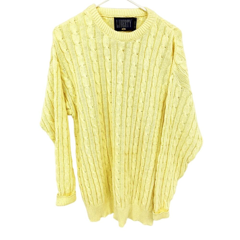 Vintage 80s 90s Liberty 100% Cotton Yellow Cable Knit Crewneck Sweater Size L